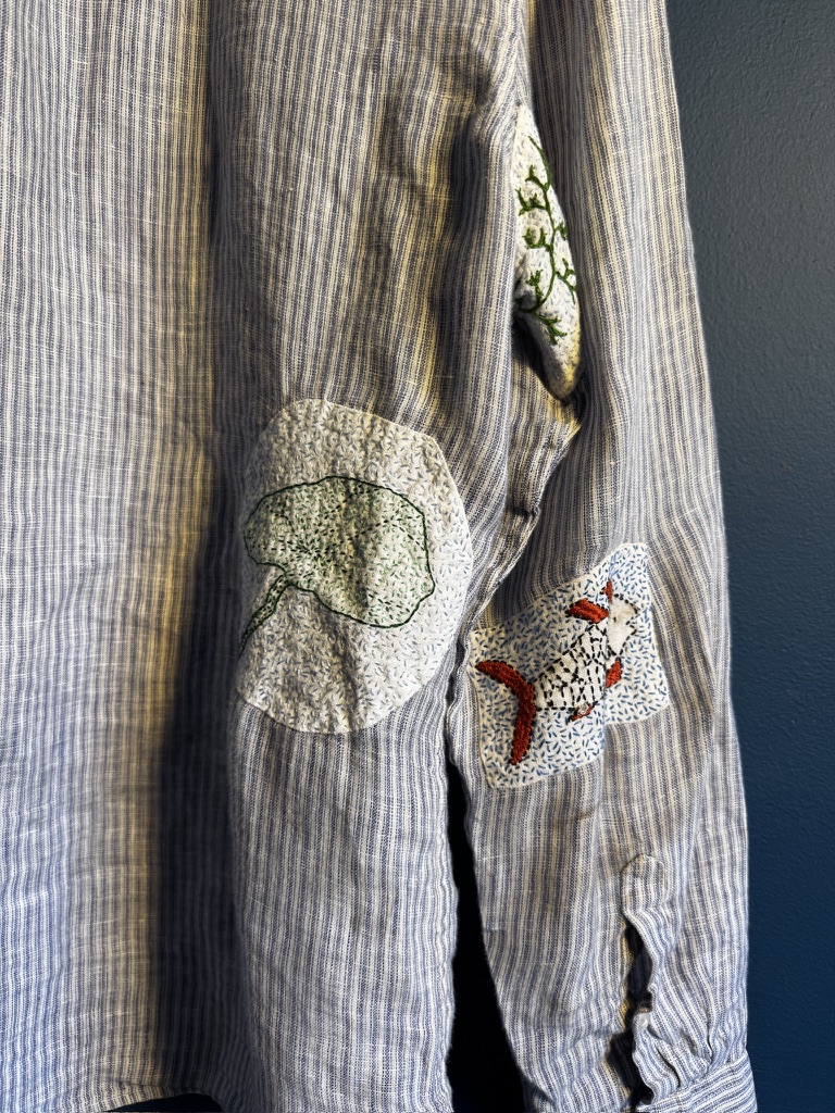 Striped shirt with kantha patches