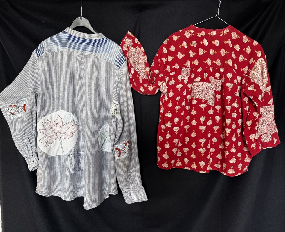 Two shirts (one red, one blue) in repair